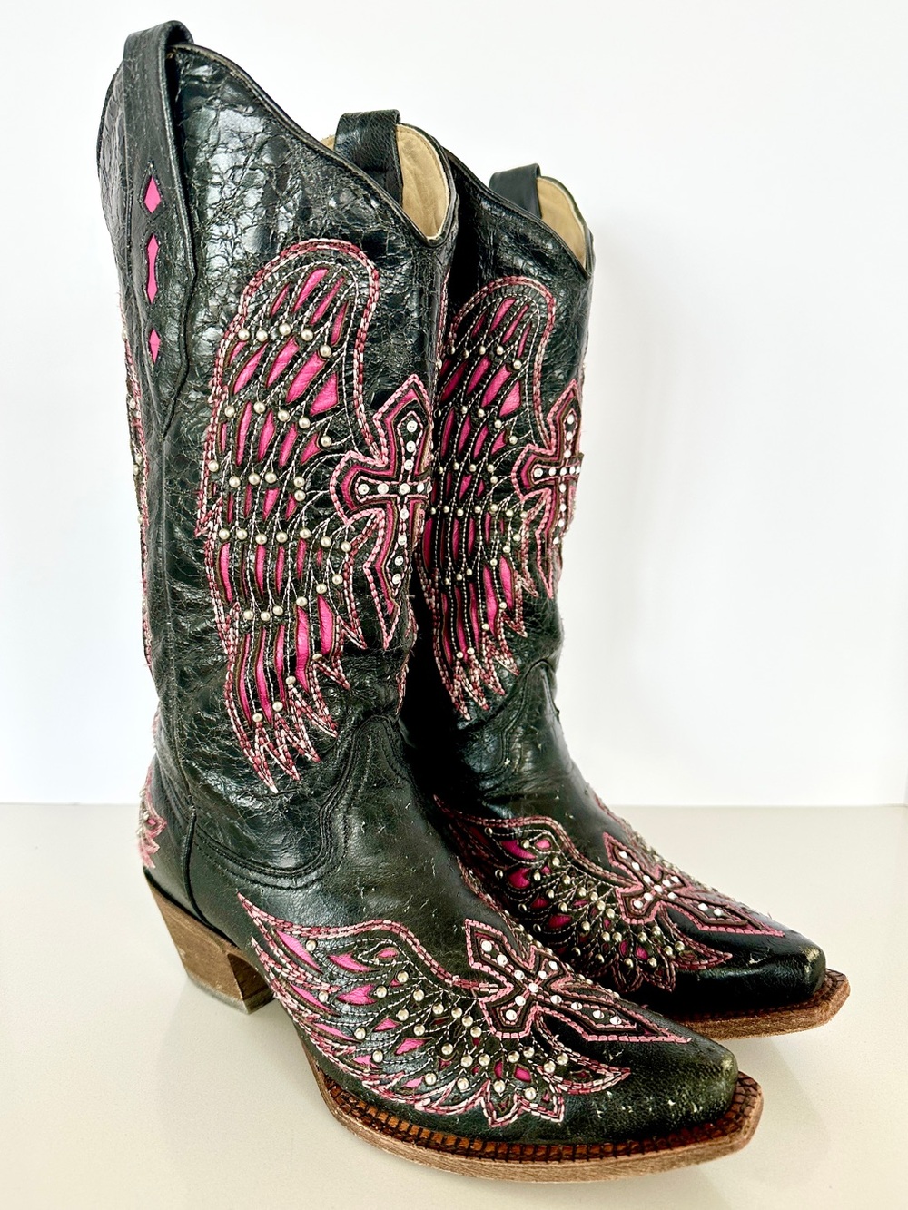 Corral Vintage Cowgirl Boots Size 8M Leather Black Pink Style A1049